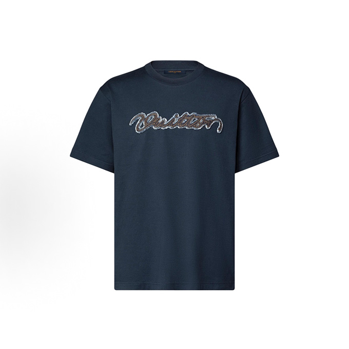 louis vuitton denim script embroidered short sleeve t-shirt